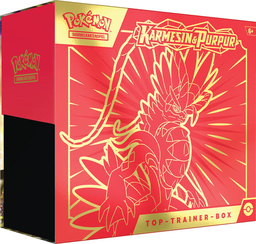 Pokémon: Top-Trainer-Box Karmesin & Purpur – Koraidon. Rechteckige Box mit Koraidon-Artwork. Enthält Boosterpacks und Spielmaterial für das Sammelkartenspiel.