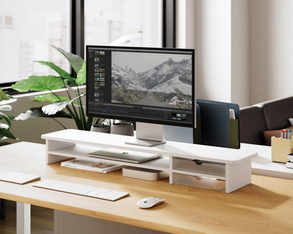 Fenge Dual Monitorständer Riser – 2 Schubladen 108cm Weiss