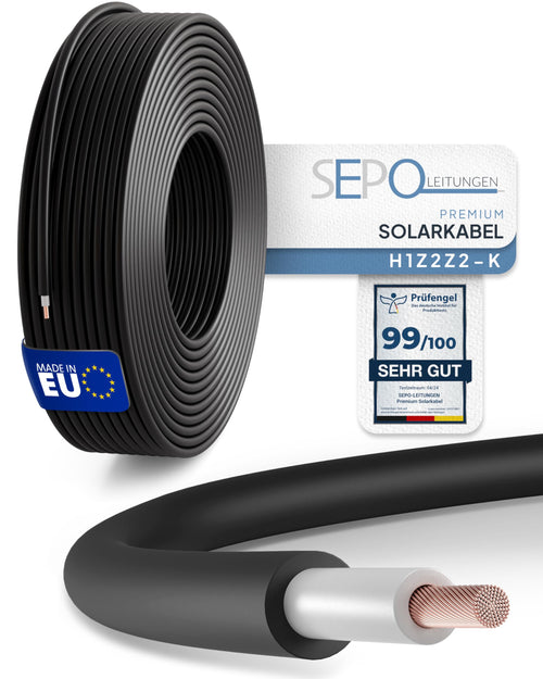 SEPO-Leitungen Solarkabel H1Z2Z2-K 6 mm² 100m Schwarz. Rundes, schwarzes Kabel für die sichere DC-Verkabelung von PV-Modulen.