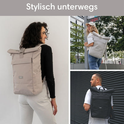 LARKSON No 4 Rolltop Rucksack Beige mit Laptopfach, wasserabweisend