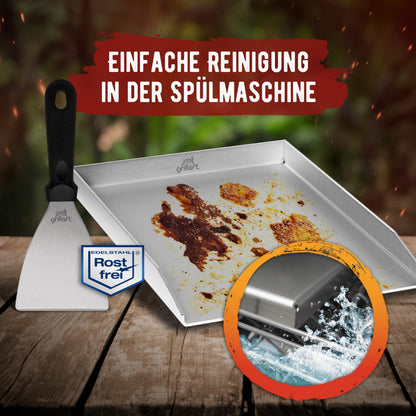 grillart Plancha Grillplatte Edelstahl 4 mm 30x40 cm mit Grillspachtel