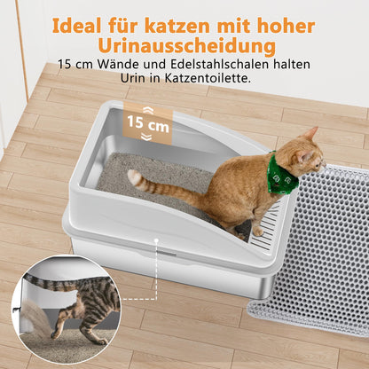 FURTIME Katzenklo Edelstahl XXL 30L mit Streuschaufel, silbergrau