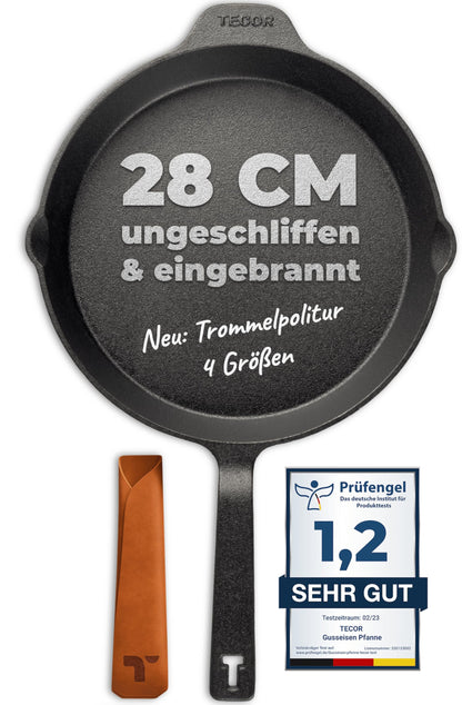 TECOR Gusseisen Bratpfanne 28 cm, induktionsgeeignet, unbeschichtet – unpoliert, mit hohem Rand, zum Braten und Schmoren