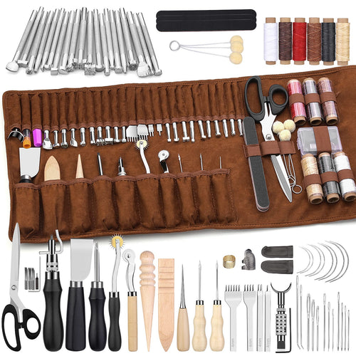 Wamkon Leder Näh- und Schnitzwerkzeug-Set inkl. Tasche. Metall-/Holz-Werkzeuge in brauner Ledertasche für Ledernäh- und Schnitzarbeiten.