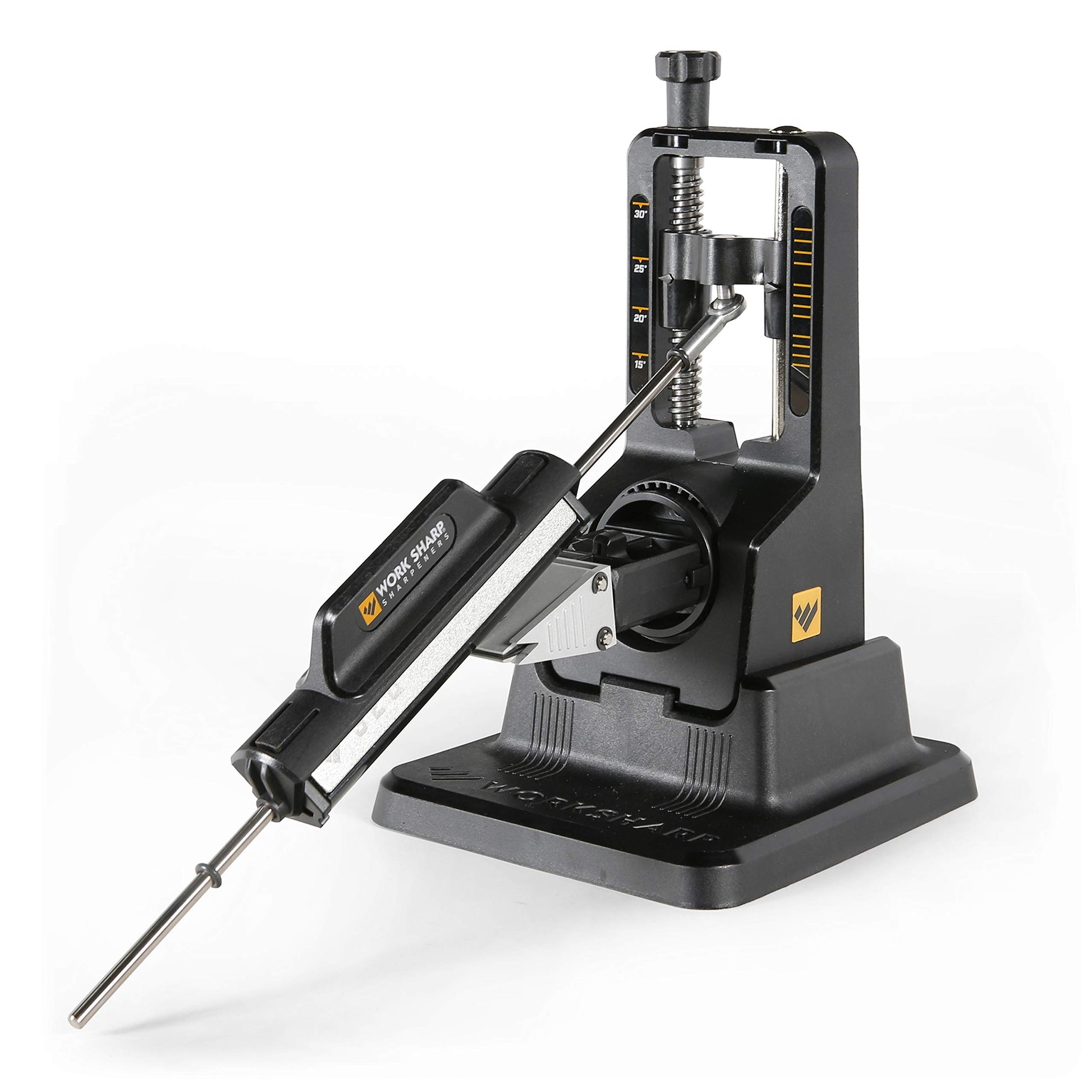WORK SHARP Precision Adjust Profi Messerschärfer – Festwinkel. Schwarz, kompakt, mit Klemmung und Schleifstein. Schärft Messerklingen präzise im festen Winkel.