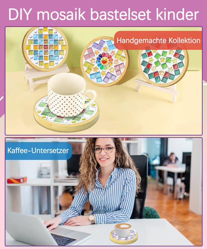 Finsink Mosaik Bastelset Kinder, DIY Untersetzer aus Holz und Glas
