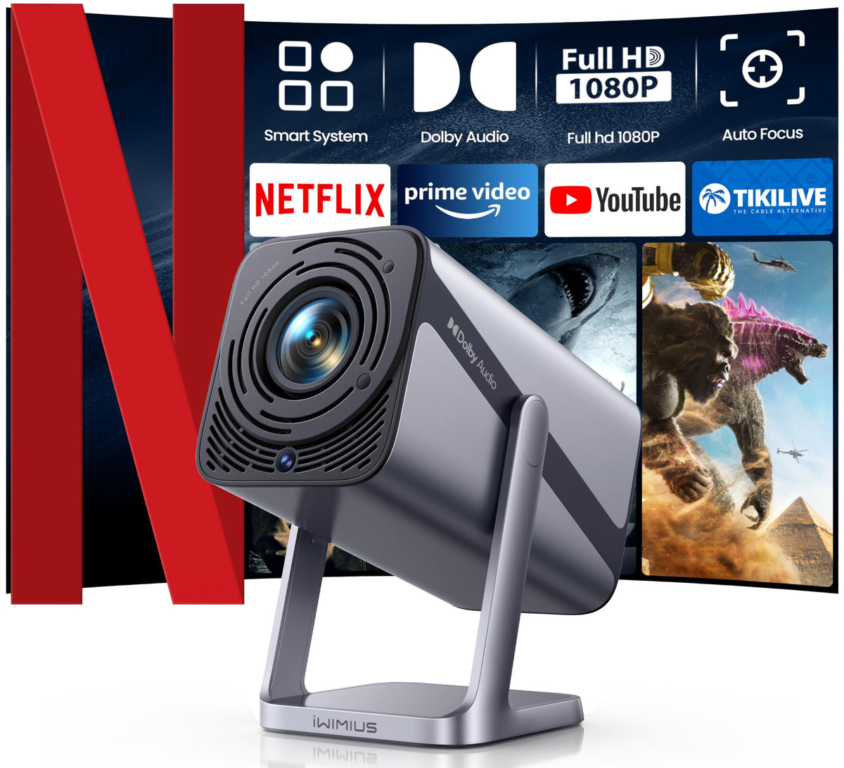 Mini Beamer 4K Smart Heimkino Projektor. Kompakter, quaderförmiger Projektor. Projektiert 4K-Inhalte mit Auto Fokus und Kurzdistanz für Heimkino.
