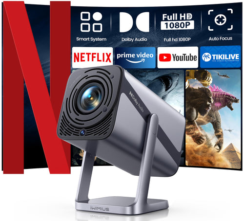 Mini Beamer 4K Smart Heimkino Projektor. Kompakter, quaderförmiger Projektor. Projektiert 4K-Inhalte mit Auto Fokus und Kurzdistanz für Heimkino.