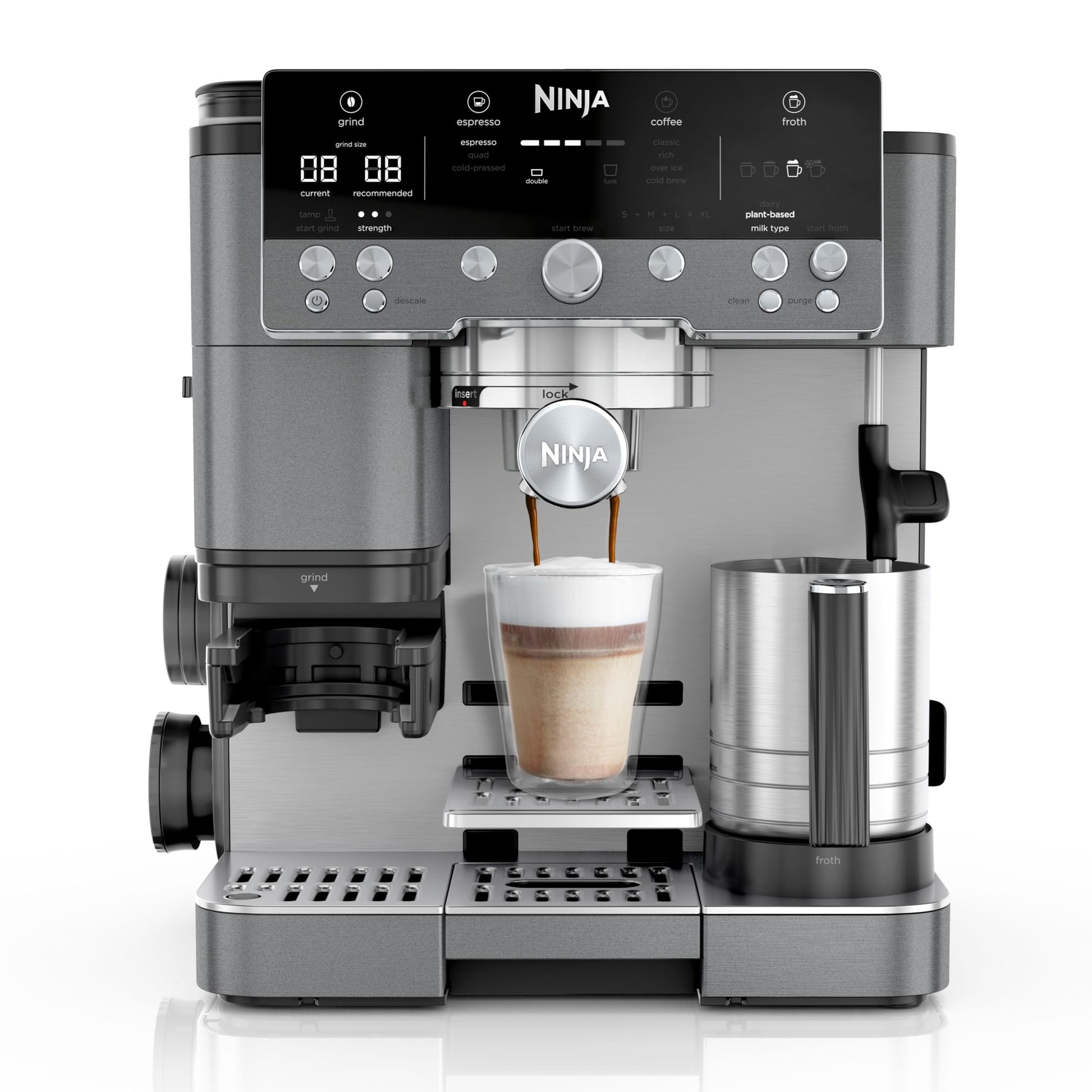 Ninja Luxe Premier 3-in-1 Kaffeemaschine - Grau-Metall ES601EUGM, rechteckig. Brüht Espresso, Filterkaffee und Spezialgetränke.