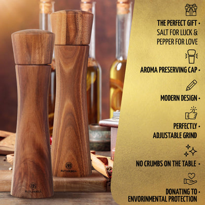 BUTLERBELL® Salz- & Pfeffermühlen Set Holz mit Untersetzer