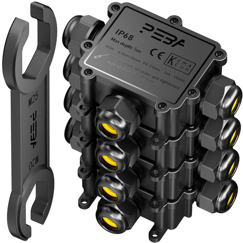 PEBA Abzweigdose IP68 wasserdicht, 3-Wege, Kabel 4-14 mm, 4 Stück – schwarze Verteilerdose in T-Form