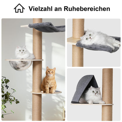 FUKUMARU Kratzbaum AT11, deckenhoch, 6 Etagen, Gummibaumholz, grau