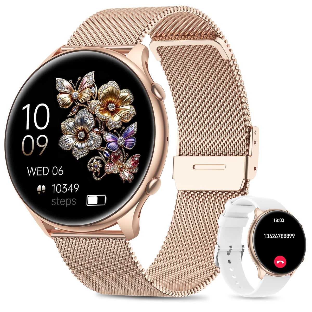 Miecgth S51 Smartwatch Damen in Rosa Gold mit rundem 1,39-Zoll-Touchscreen und Metallarmband
