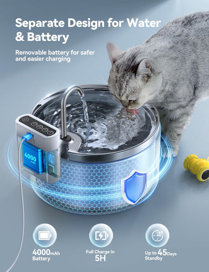 FEELNEEDY Katzenbrunnen Edelstahl 3,5 L, kabellos mit Sensor und Akku