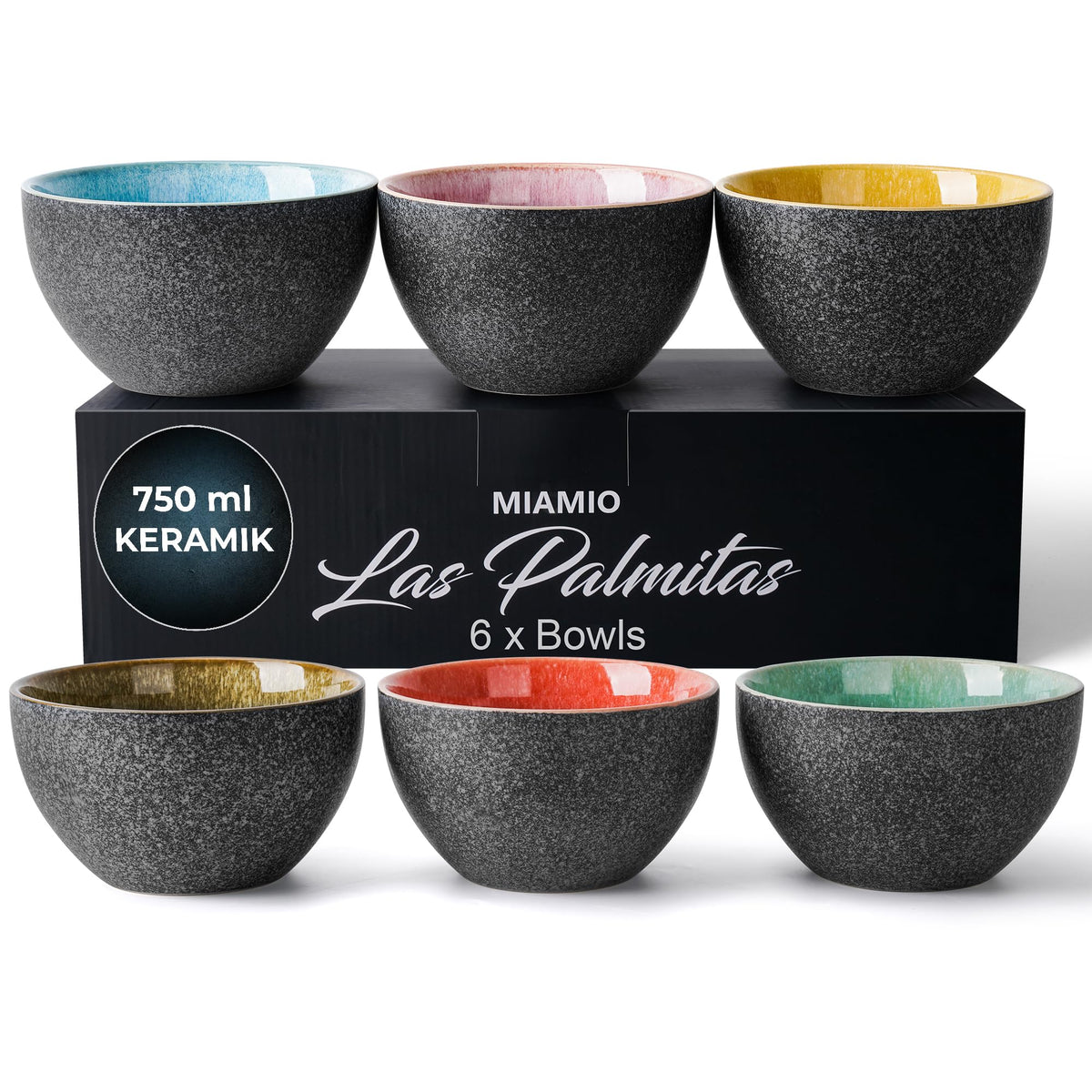 MIAMIO Las Palmitas Schüsselset 6er Keramik Müslischalen 750 ml für Suppen, Salate und Desserts