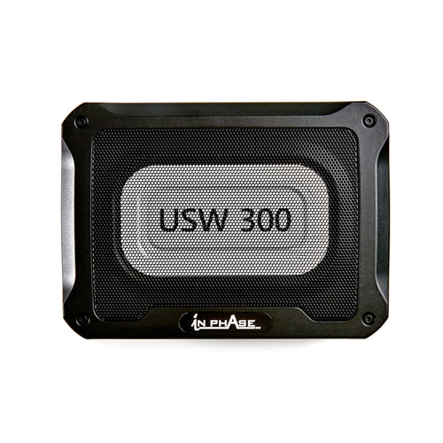 In Phase USW300 Aktiver Untersitz Subwoofer 300W - Schwarz. Flacher, rechteckiger Subwoofer für Tiefbasswiedergabe.
