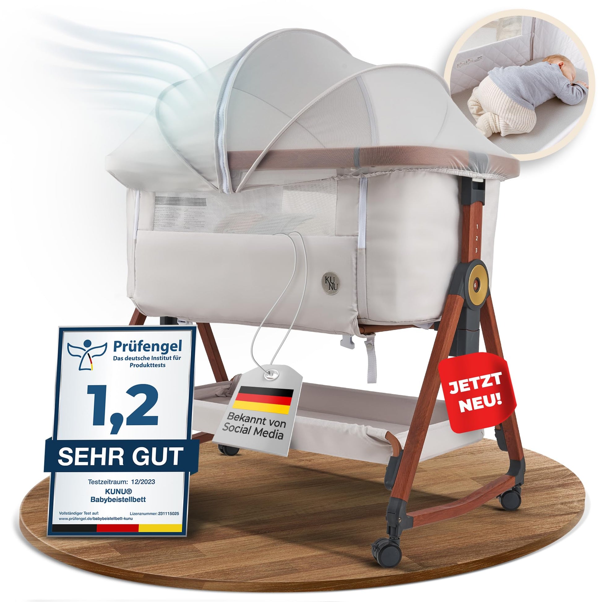 KUNU Baby-Beistellbett 2.0 – Höhenverstellbar mit Wiege & Rollen. Flexibler Schlafplatz direkt am Elternbett.