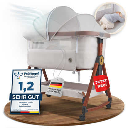KUNU Baby-Beistellbett 2.0 – Höhenverstellbar mit Wiege & Rollen. Flexibler Schlafplatz direkt am Elternbett.