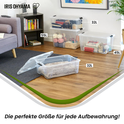Iris Ohyama Aufbewahrungsbox mit Deckel, 45 L, 4er-Set, transparent