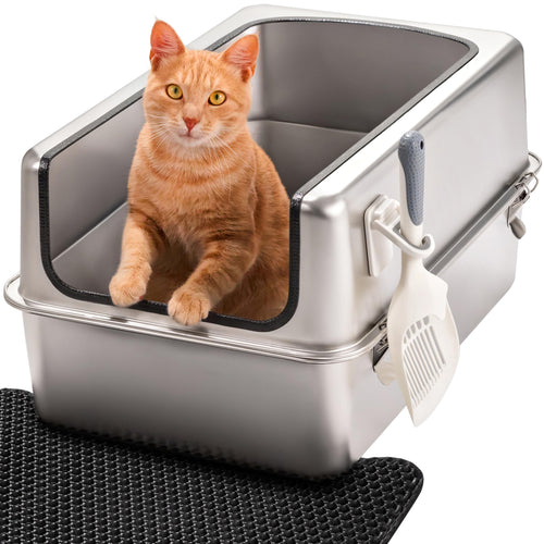 PRIORPET Katzenklo Edelstahl XXL mit hohem Rand, Schaufel und Matte in Silber