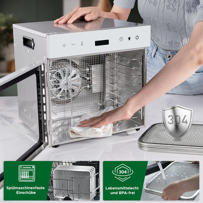 Kwasyo Dörrautomat Edelstahl, 8 Etagen mit 6er Dörrfolie, Rezeptbuch, BPA-frei, 30–90 ℃ Temperatureinstellung, max. 24 Stunden, Dörrautomat für Gemüse, Fleisch, Obst