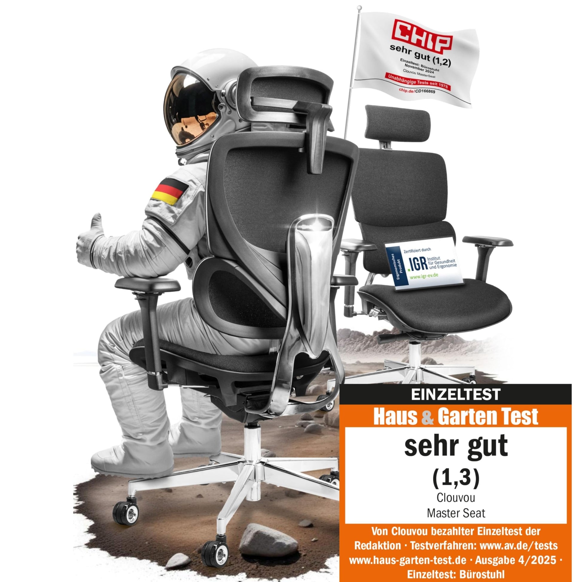 CLOUVOU MasterSeat Ergonomischer Bürostuhl Drehstuhl – 150 kg. Schwarzer Ergonomie-Bürostuhl mit Lordosenstütze für gesundes Dauersitzen.