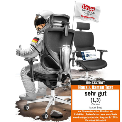 CLOUVOU MasterSeat Ergonomischer Bürostuhl Drehstuhl – 150 kg. Schwarzer Ergonomie-Bürostuhl mit Lordosenstütze für gesundes Dauersitzen.