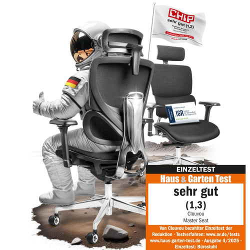 CLOUVOU MasterSeat Ergonomischer Bürostuhl Drehstuhl – 150 kg. Schwarzer Ergonomie-Bürostuhl mit Lordosenstütze für gesundes Dauersitzen.