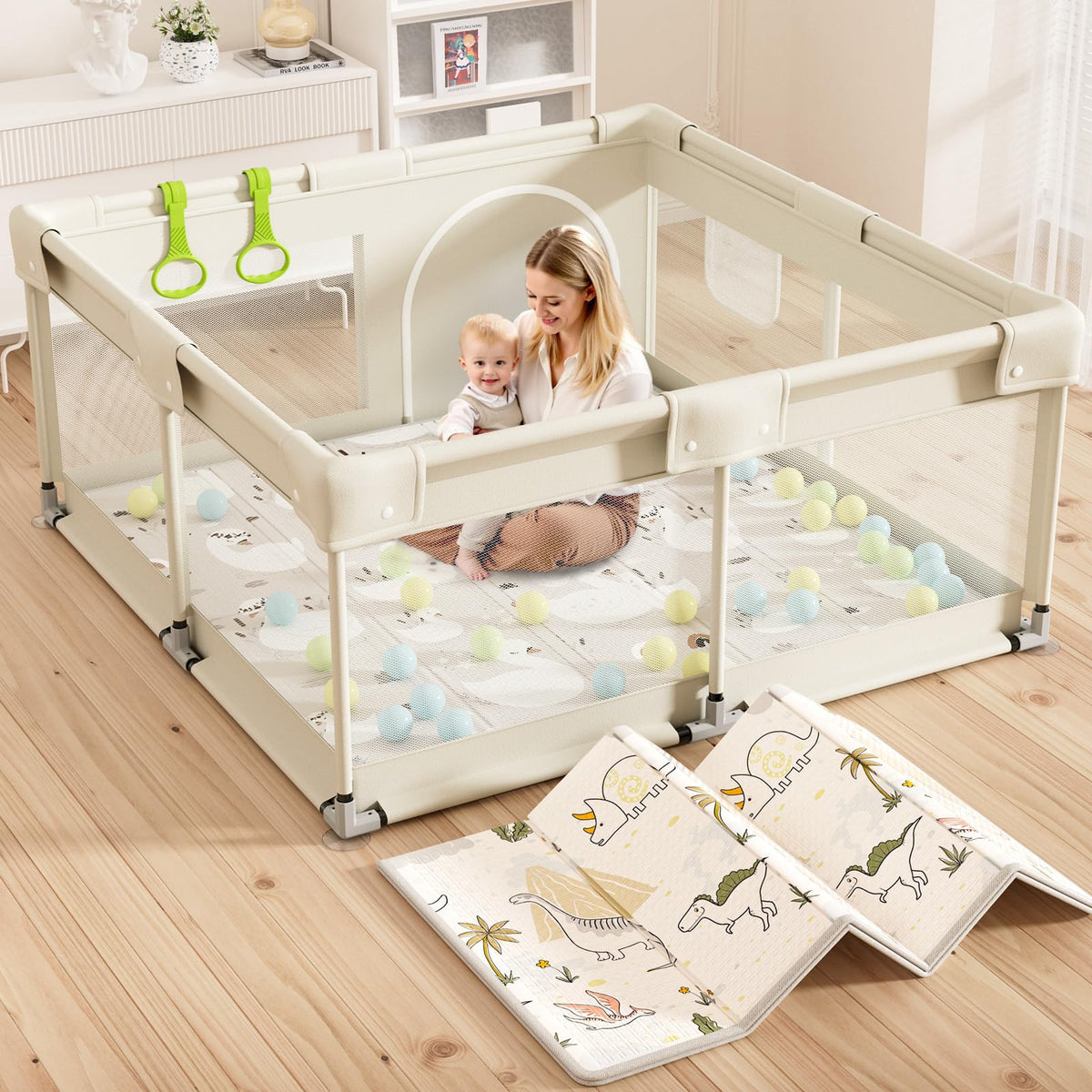 Lertantri Baby Laufstall mit Matte, Laufgitter 120x120 cm, Beige, atmungsaktives Netz an vier Seiten