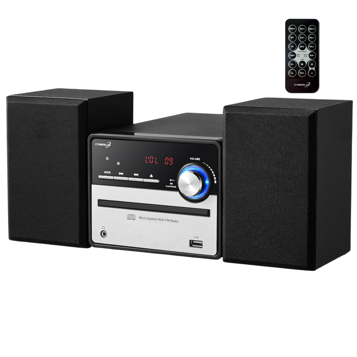 Cyberlux Mini HiFi Stereoanlage mit CD/MP3, USB und FM Radio, LED-Display und zwei Lautsprecherboxen