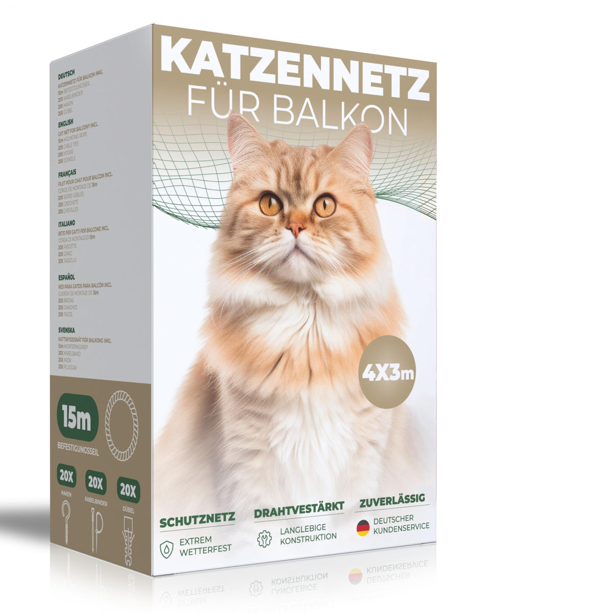 WOOWOOD Katzennetz Balkon, drahtverstärkt, wetterfest, 4x3 m – Sicherung für Fenster und Terrasse