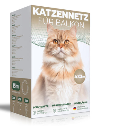 WOOWOOD Katzennetz Balkon, drahtverstärkt, wetterfest, 4x3 m – Sicherung für Fenster und Terrasse