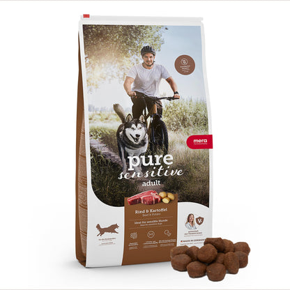 MERA Hundetrockenfutter Rind und Kartoffel - 12.5 kg. Braune Kroketten. Alleinfuttermittel für erwachsene Hunde.