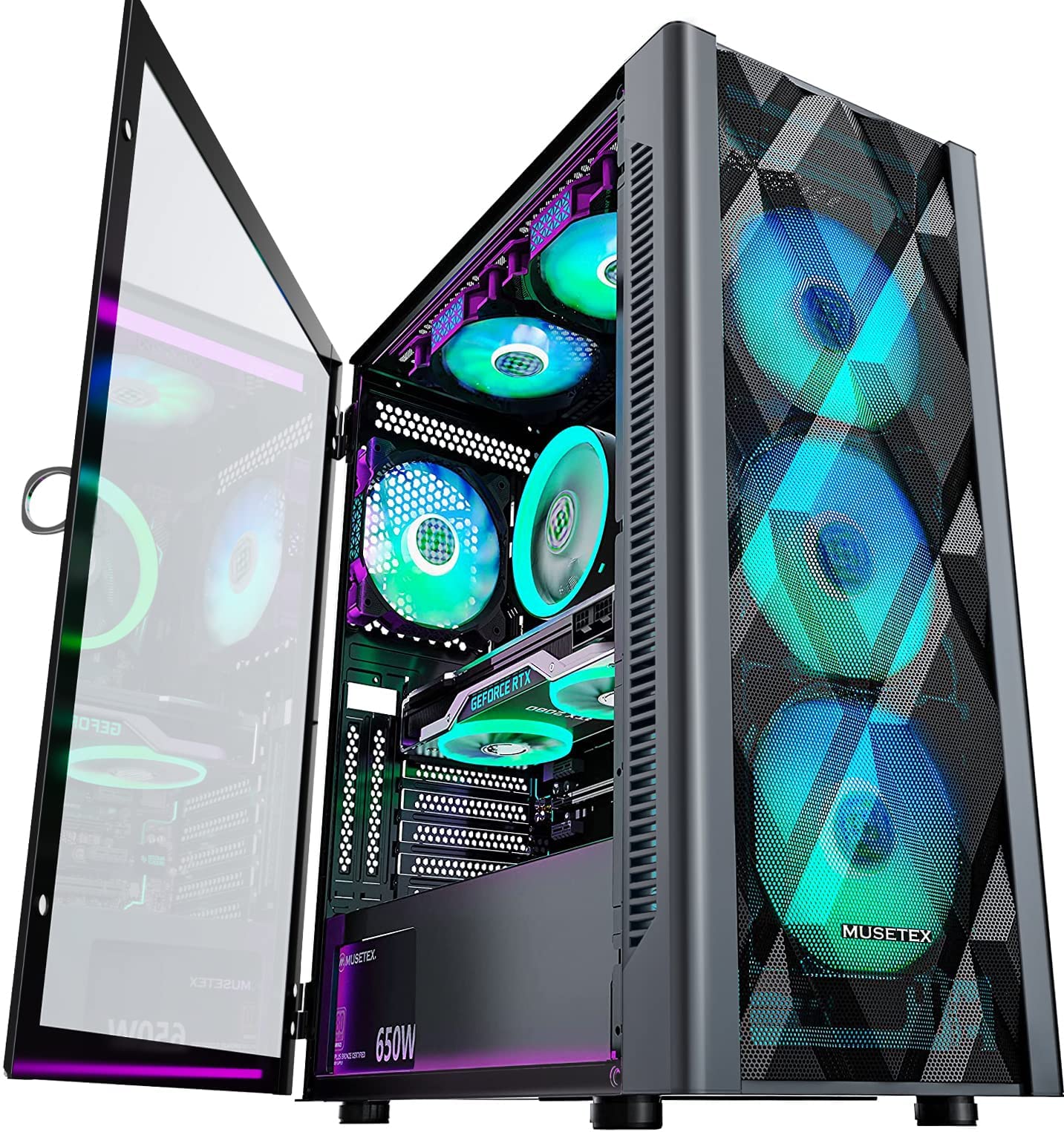 MUSETEX NN8 ATX Gaming PC Gehäuse mit ARGB Lüfter – Schwarz. Schwarzes ATX-Gehäuse mit ARGB-Lüftern. Beherbergt und kühlt PC-Komponenten für Gaming.
