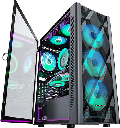 MUSETEX NN8 ATX Gaming PC Gehäuse mit ARGB Lüfter – Schwarz. Schwarzes ATX-Gehäuse mit ARGB-Lüftern. Beherbergt und kühlt PC-Komponenten für Gaming.
