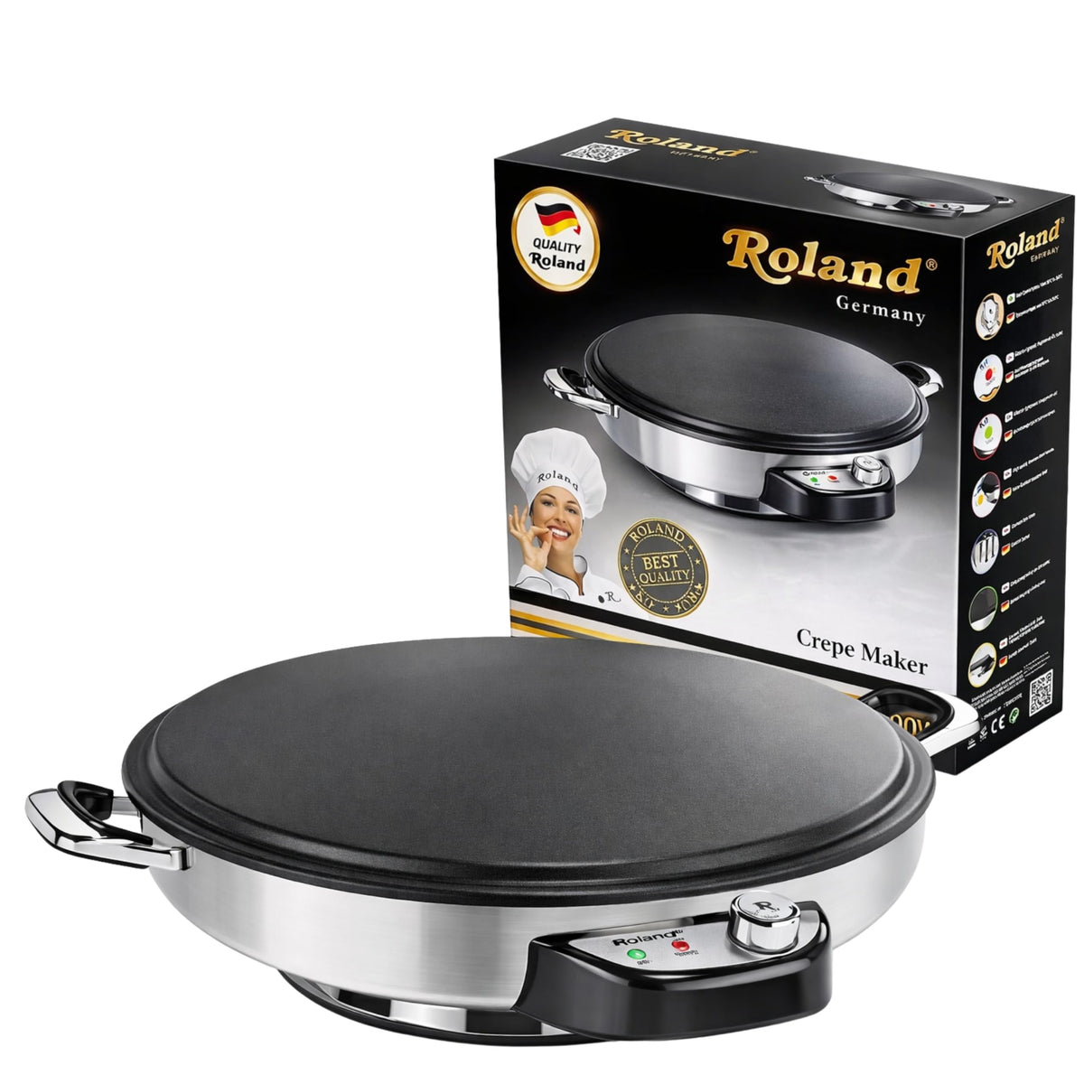 Roland Germany Fladenbäcker HR-002, 50 cm, 2300 W, Edelstahl mit runder beschichteter Backfläche