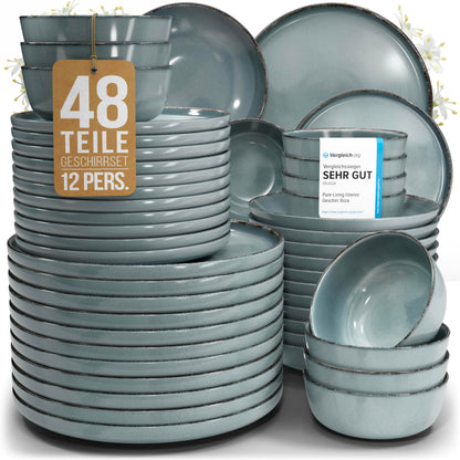 Pure Living Rustic Steingut Geschirrset 48 tlg. - Rauchblau: Rauchblaue Steingut-Teller, -Schalen und -Tassen mit rustikaler Oberfläche für stilvolle Mahlzeiten.