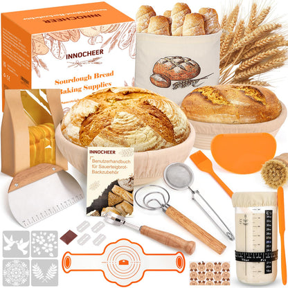 INNOCHEER Gärkörbchen Set, Sauerteig Starter Set mit Brotbackzubehör – zwei Gärkörbe aus Rattan, rund und oval
