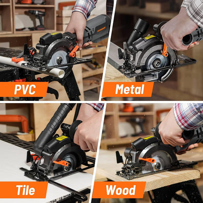 DOVAMAN Mini Handkreissäge, 710W 115mm Handkreissäge w/Laser, 3500RPM, Metall-Hilfsgriff, 43mm (90°), 29mm (45°) Schnitttiefe, 6 Sägeblätter, ideal für Holz, Weichmetall, Kunststoff, Fliesen–MCS01A