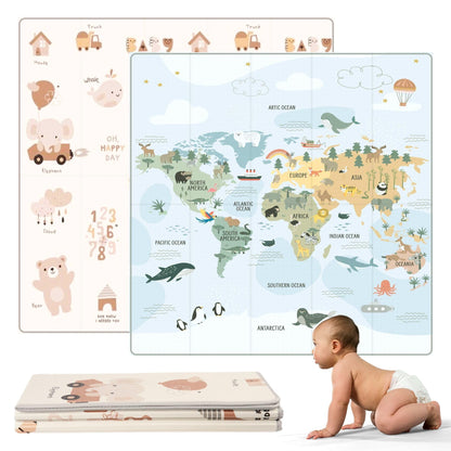 HuBorns Spielmatte Baby faltbar 200x180 cm, wendbar, Weltkarte – gepolsterte Krabbelmatte
