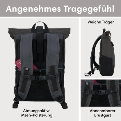 LARKSON No 4 Rolltop Rucksack Schwarz Grau mit Laptopfach 16 Zoll