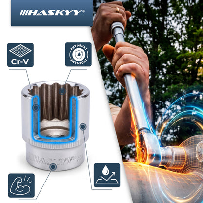 HASKYY Vielzahn Steckschlüsselsatz 1/2 Zoll, 12-Kant, 8-36 mm