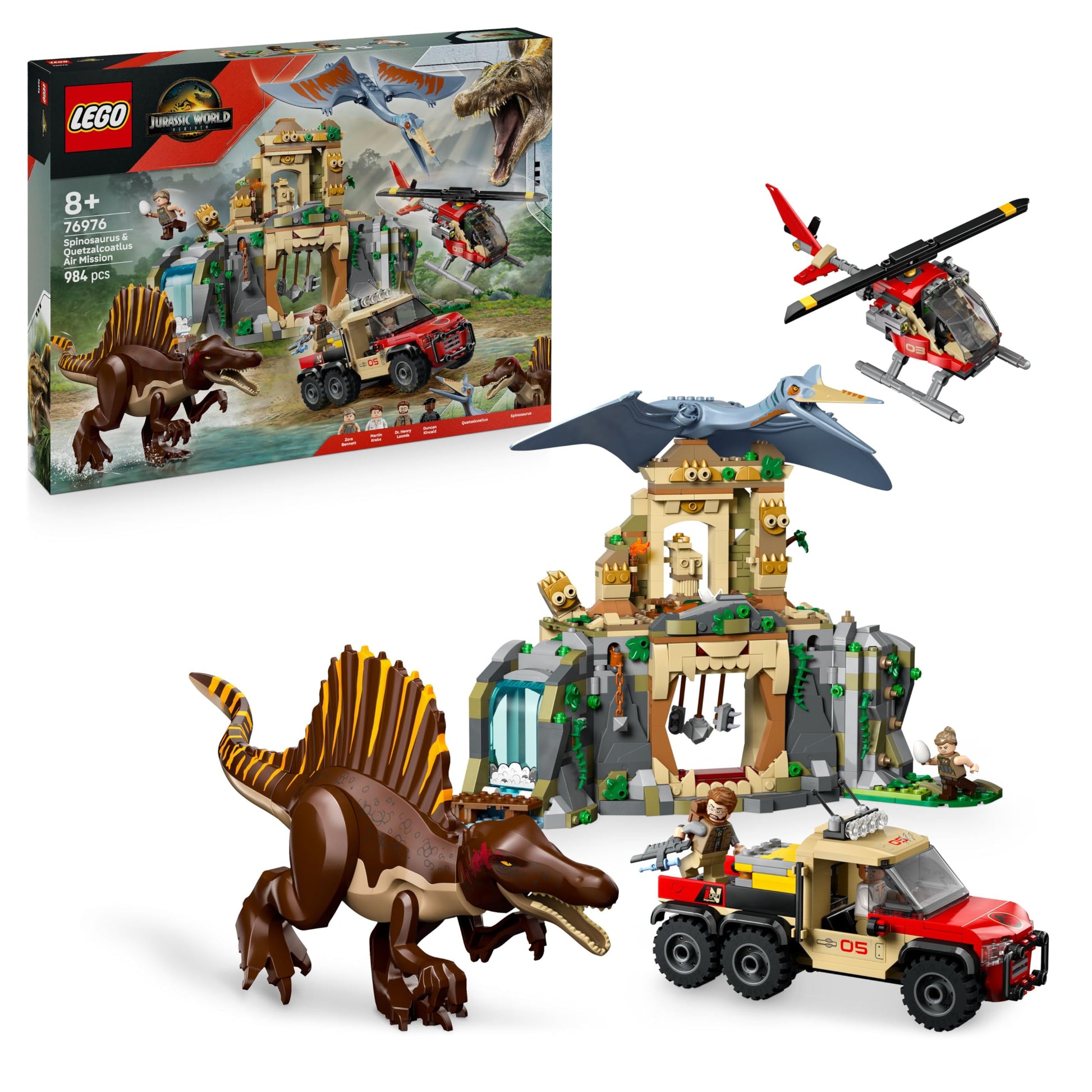LEGO Jurassic World Spinosaurier Quetzalcoatlus Hubschrauber Set 76976. Mehrfarbiges Konstruktionsspielzeug als Spinosaurus, Quetzalcoatlus und Helikopter zum Bauen und Spielen.