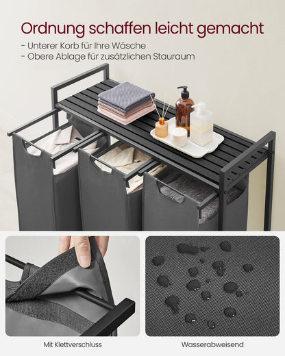 VASAGLE BLH301G01 Wäschekorb 3 Fächer mit Ablage - Grau 3x40L