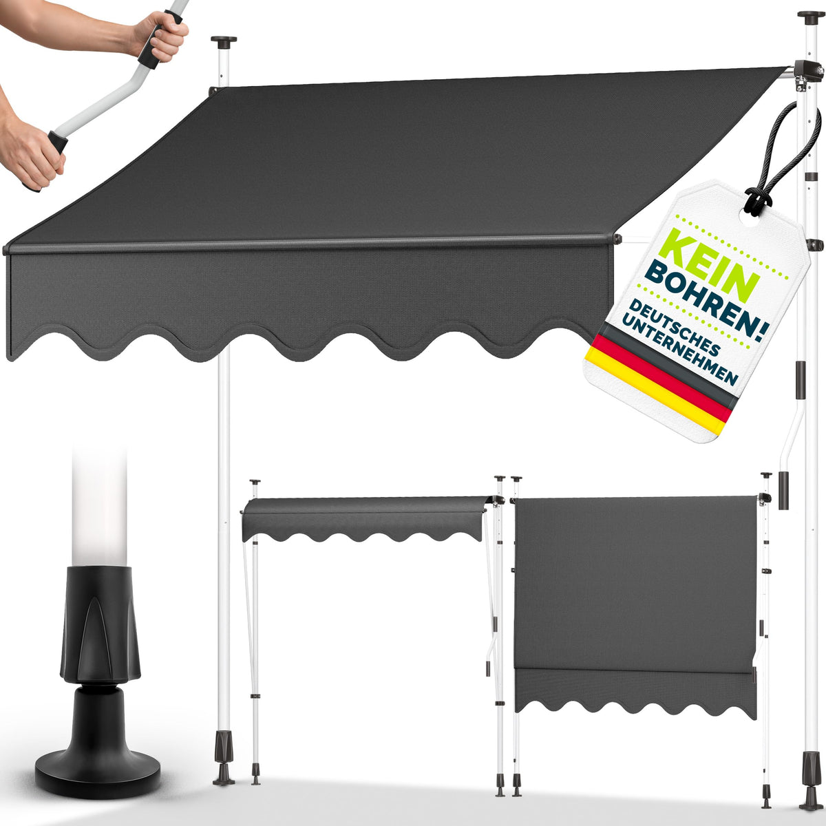 tillvex Klemmmarkise mit Handkurbel, Balkonmarkise Grau 400 cm – Stahlrahmen und Polyestertuch