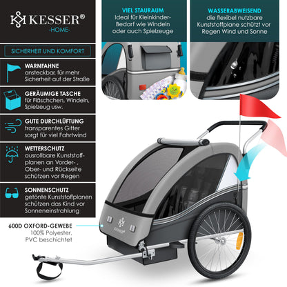 KESSER® Sport-RX 2in1 Kinderfahrradanhänger – 1-2 Kinder