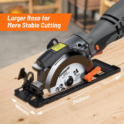 DOVAMAN Mini Handkreissäge, 710W 115mm Handkreissäge w/Laser, 3500RPM, Metall-Hilfsgriff, 43mm (90°), 29mm (45°) Schnitttiefe, 6 Sägeblätter, ideal für Holz, Weichmetall, Kunststoff, Fliesen–MCS01A