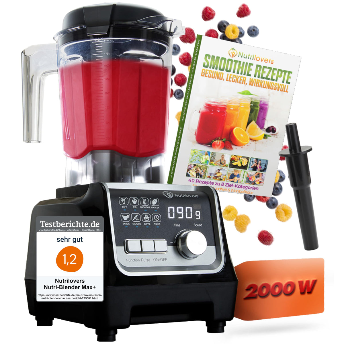 Nutrilovers NUTRI-BLENDER MAX+ Standmixer 2000 W mit 2L Tritan-Becher und Digital-Display