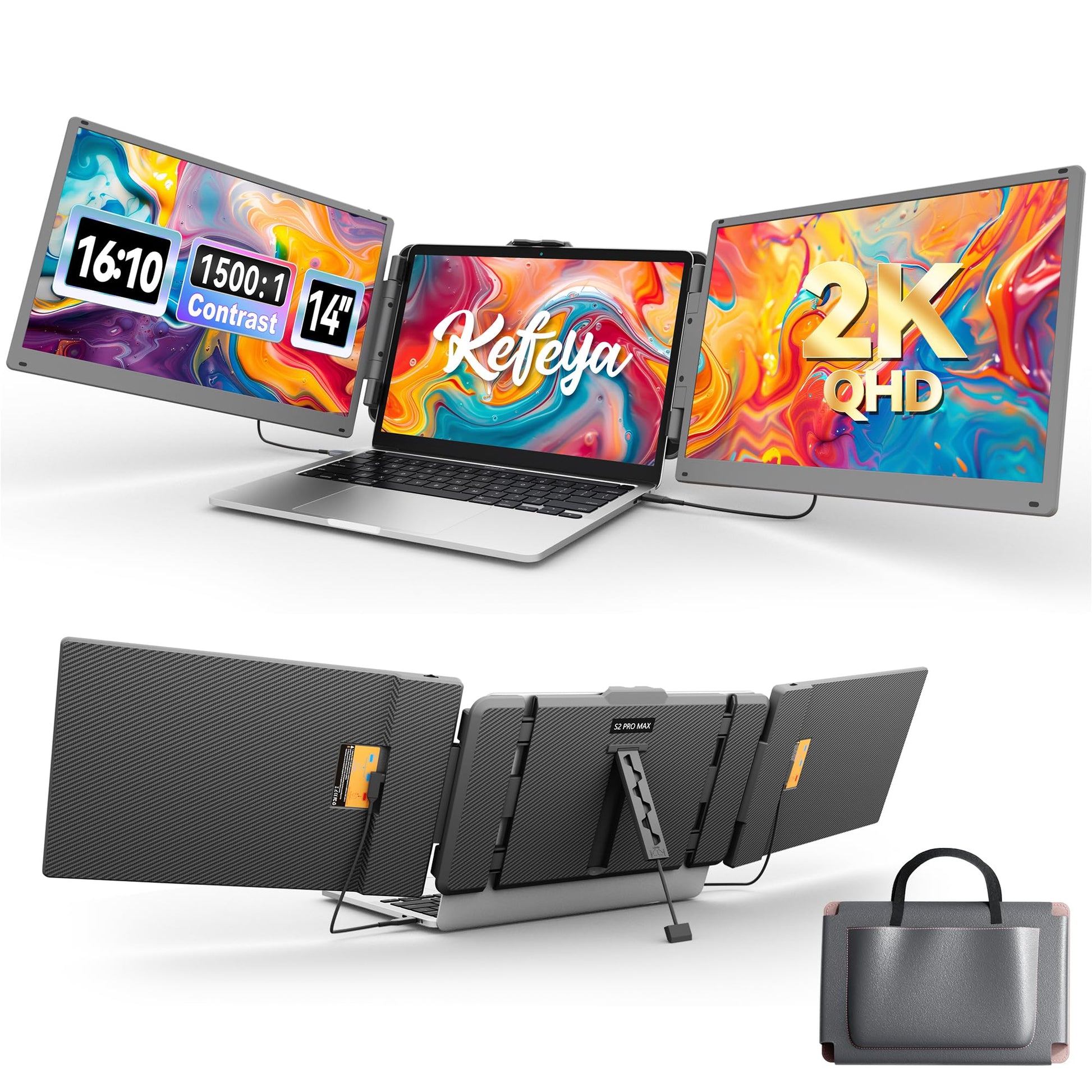 KEFEYA 14 Zoll 2K Triple Portable Laptop Bildschirm Erweiterung. Drei schwarze, rechteckige Monitore erweitern mobilen Laptop-Arbeitsbereich.