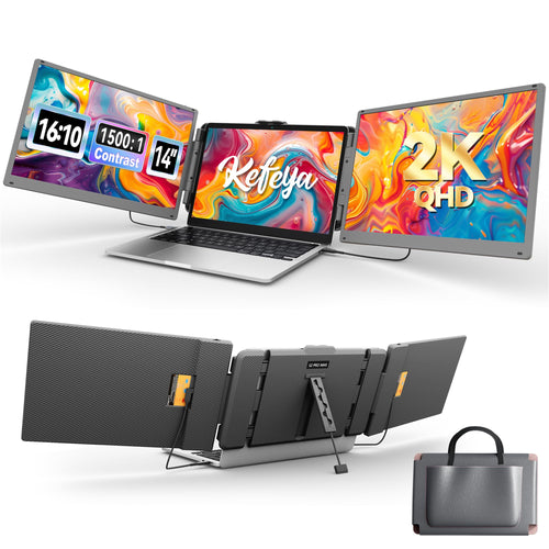KEFEYA 14 Zoll 2K Triple Portable Laptop Bildschirm Erweiterung. Drei schwarze, rechteckige Monitore erweitern mobilen Laptop-Arbeitsbereich.